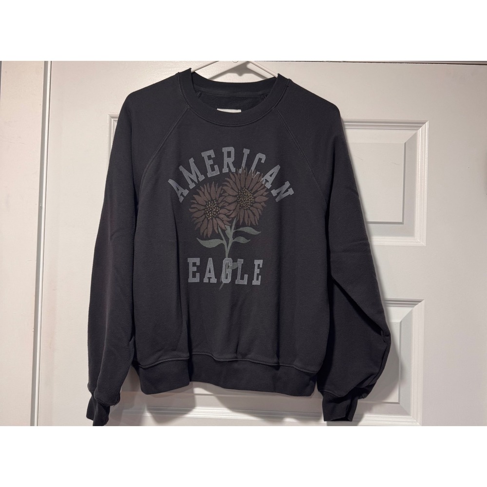 American Eagle Womens Sunflower Graphic Sweatshirt Washed Black Raglan - Picture 2 of 9
